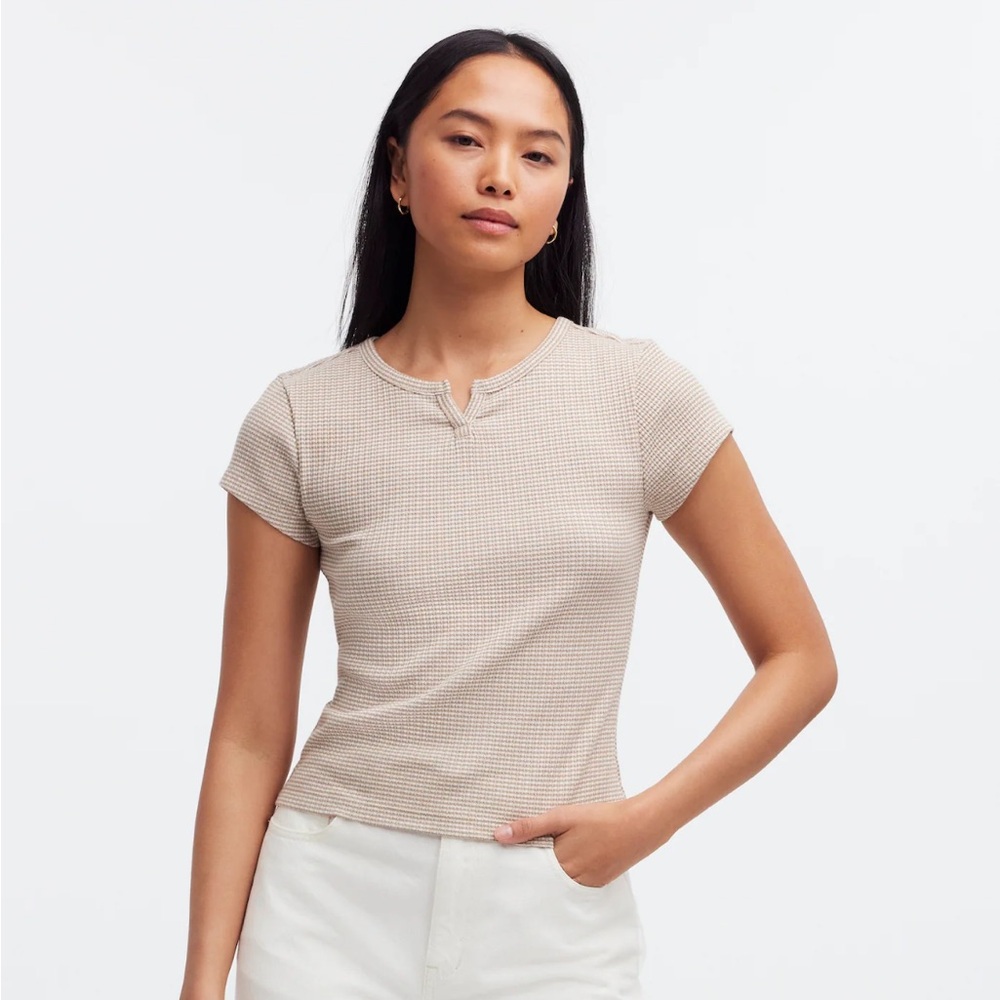Madewell ribbed split neck tee tan and white striped NWT